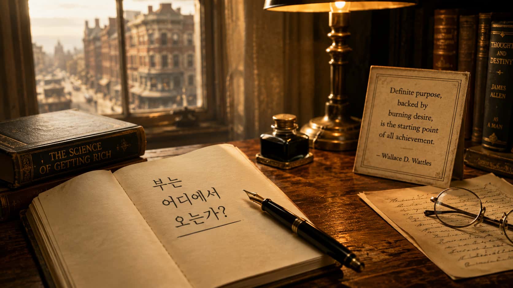 월러스 워틀스의 부의 원리와 생각과 행동의 관계를 상징적으로 표현한 고전적인 책상 풍경