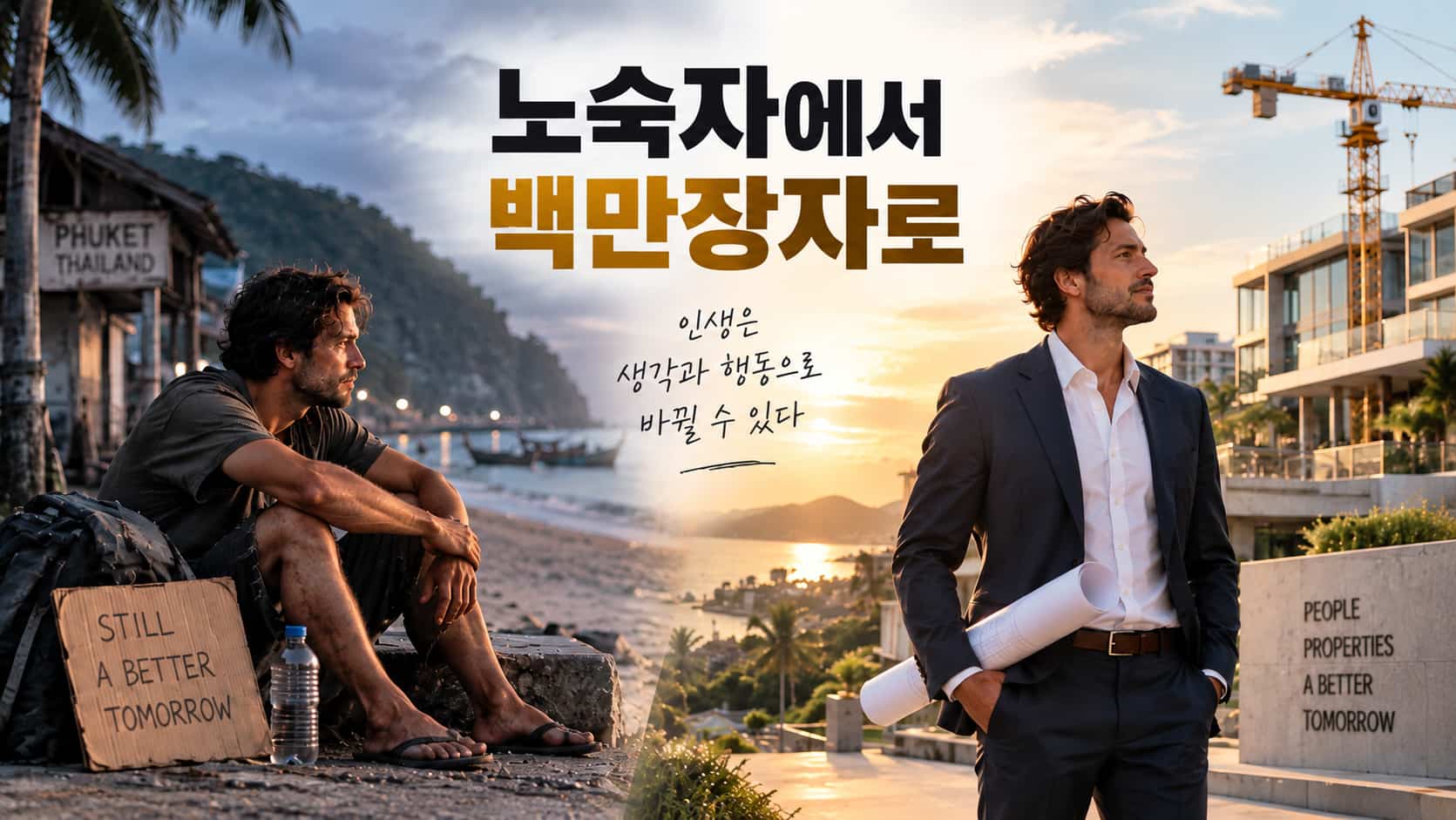 노숙 생활에서 사업가로 성장하는 과정을 상징적으로 표현한 노숙자에서 억만장자로 이미지
